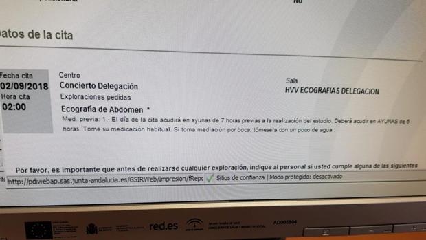 Pantallazo de la cita médica denunciada