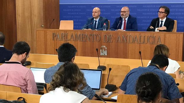 Rueda de prensa de Vox ayer para explicar su veto a las cuentas de Andalucía