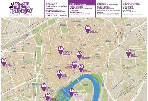Plano con los conciertos de la Noche Blanca del Flamenco de Córdoba 2019