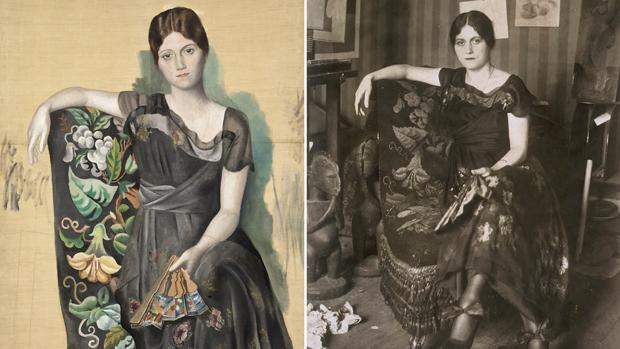 «Retrato de Olga en un sillón», lienzo de 1918. A su derecha, fotografía de Émile Delétang del mismo año