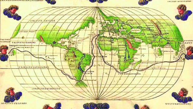 Mapamundi de Battista Agnese, del siglo XVI, en el que aparece la ruta que realizaron Magallanes y Elcano