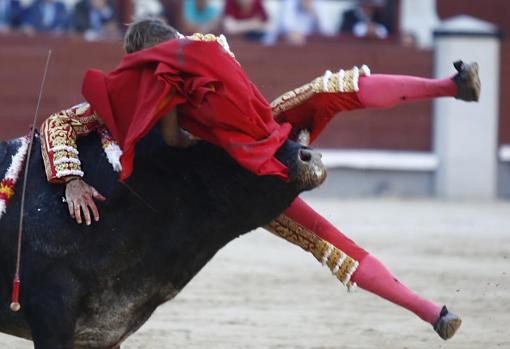 El pitón se hunde en el muslo izquierdo de Manuel Escribano durante la decimoséptima corrida de San Isidro, el jueves 30 de mayo de 2019