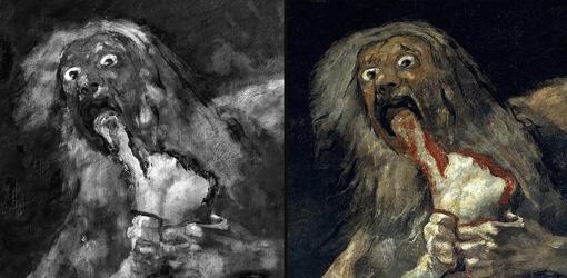 «Saturno». La restauración de la pintura, comparada con fotos hechas en la Quinta por Laurent, muestra cómo las luces de la mandíbula, la carne que regurgita, e incluso el pene del dios perdieron expresividad, según Foradada
