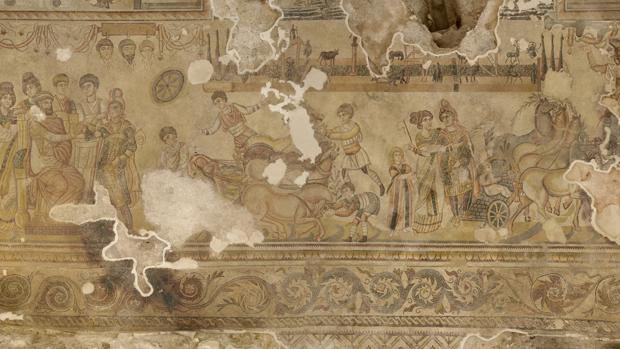 Vista de una de las partes del mosaico en el «triclino» de 290 metros cuadrados
