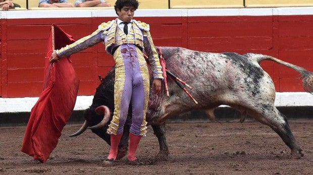 Luis David Adame, en un pase cambiado por la espalda al magnífico tercer toro de la tarde