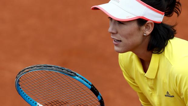 Garbiñe Muguruza durante un entrenamiento realizado en las instalaciones de la Caja Mágica