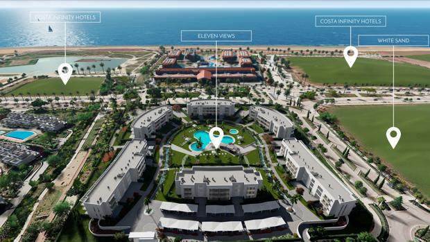 Las cuatro parcelas de Grupo Soluciones en las que el Grupo Soluciones construirá dos hoteles y dos urbanizaciones (en la imagen recreación virtual de una de ellas)