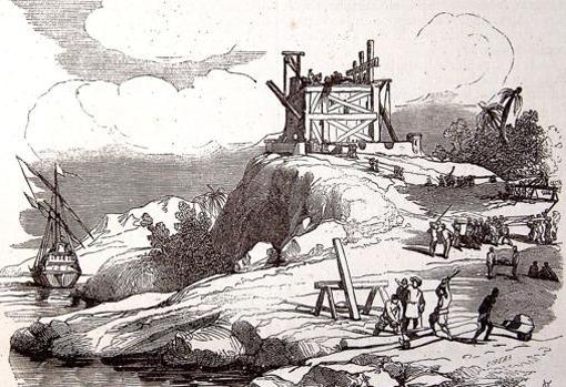 Construcción de La Navidad en un grabado realizado para edición de 1851 de Gaspar y Roig