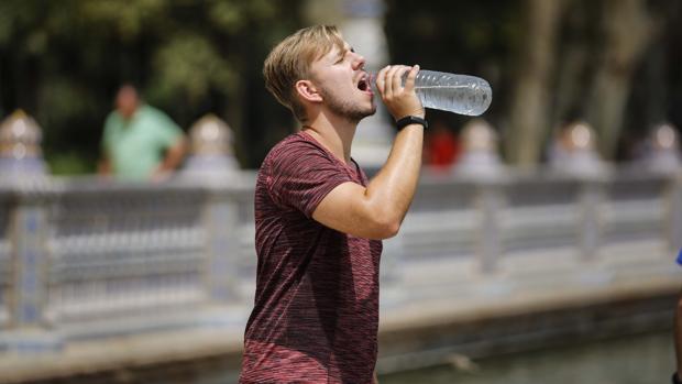 Un joven bebe agua en la Plaza de España de Sevilla