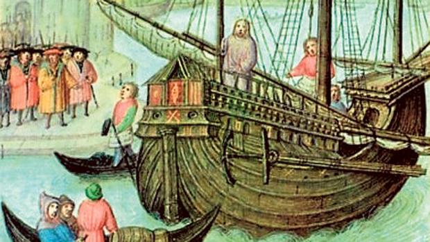 Carlos V. Viajes por mar. Libro de Oraciones del Emperador. En él se pueden ver pequeñas embarcaciones cargando toneles en una nao