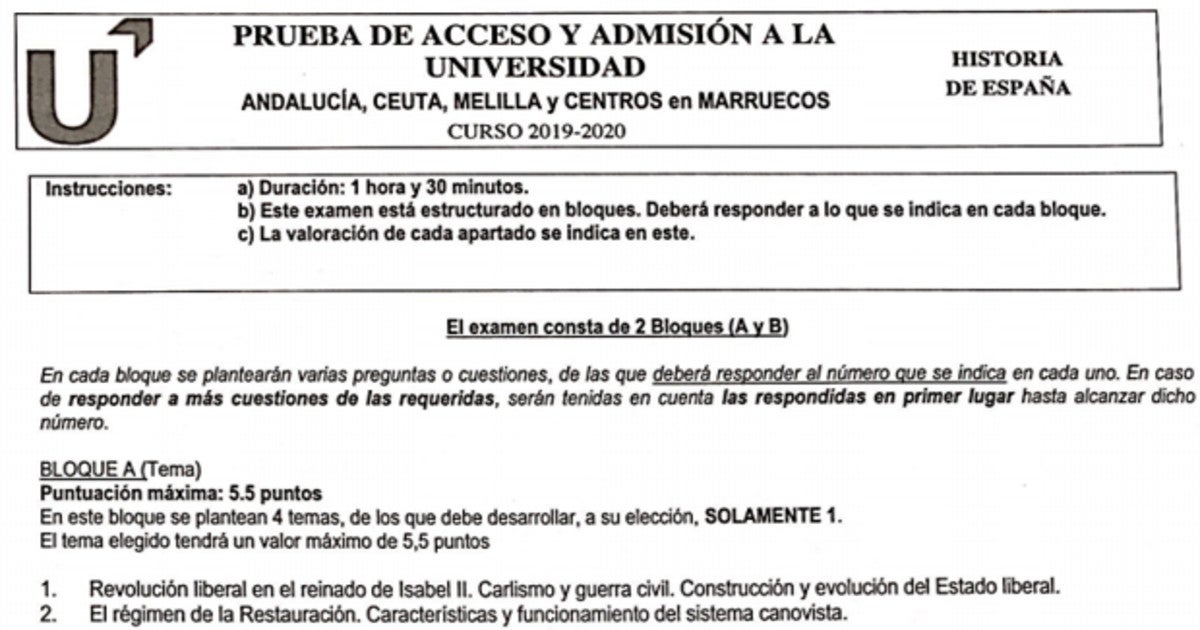 Selectividad 2020 En Andalucia Asi Es El Examen De Historia De Espana